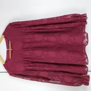 Deep Burgundy Semi Sheer embossed Blouse Gathered wrist Elegant Mod Sz.XL